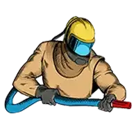 Ace Sandblasting technician in protective gear operating a blasting hose
